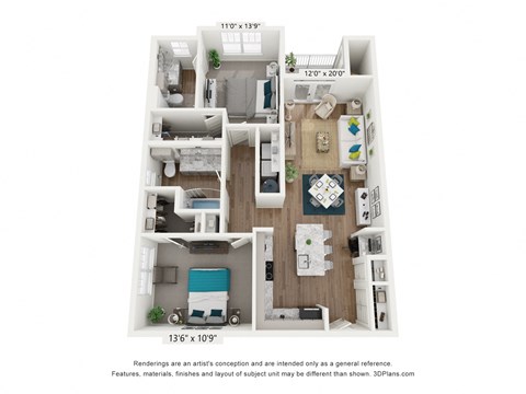 Floor plan for 2 beds, 2 baths, 1087 sqft